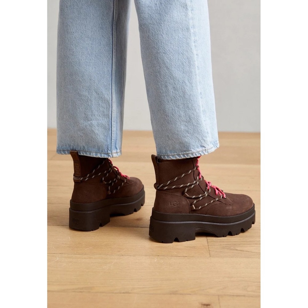 UGG Brisbane Leather Platform Shearling Brown Winter Lace Up Boots New Sz 7